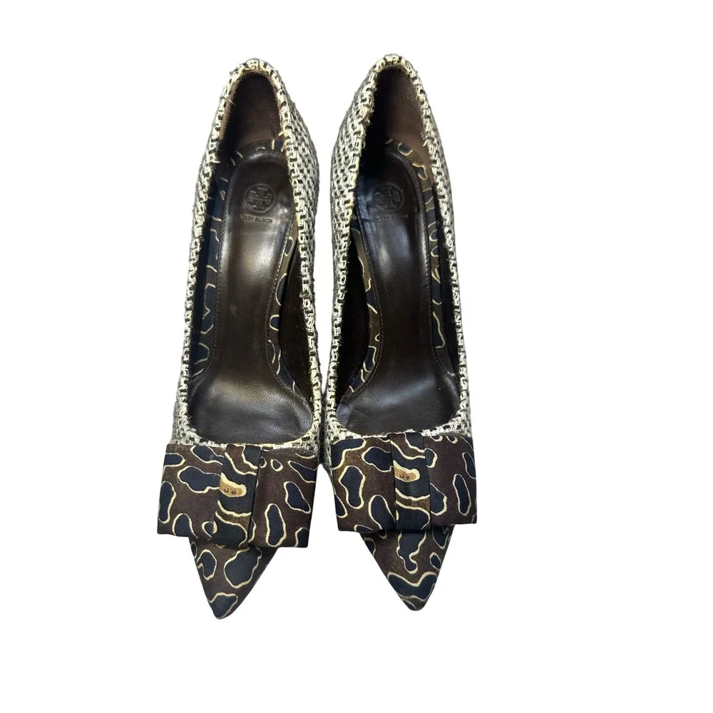 Tory Burch Woven Pointed Toe Bow Pumps Brown Tan Mixed Print Heels 6.5M